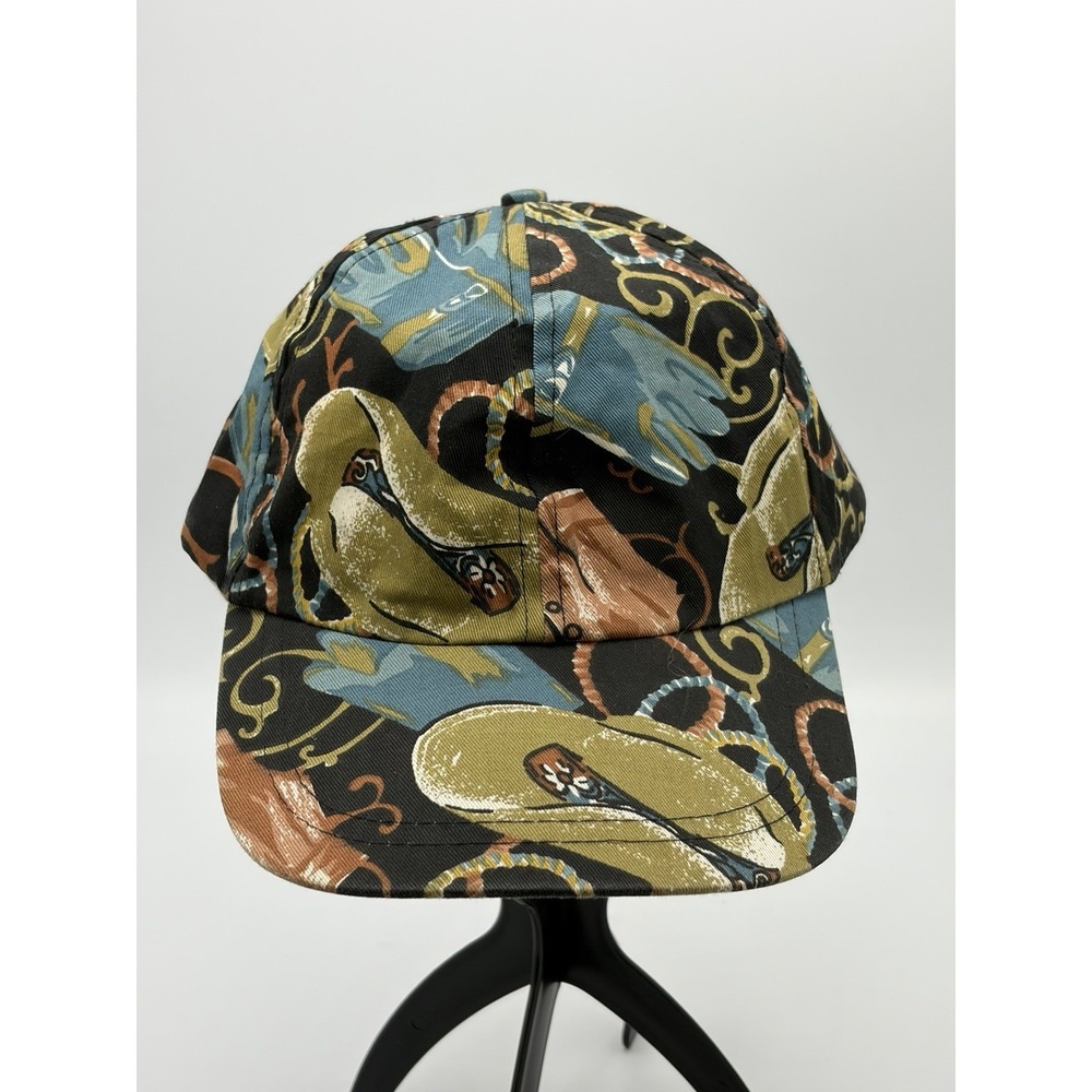 Vintage‎ Hat Black Green Blue Stretch Back Floral Abstract